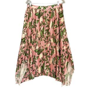 Zara Pleated Midi Skirt Womens Medium Pink Green Romantic Feminine Floral Garden
